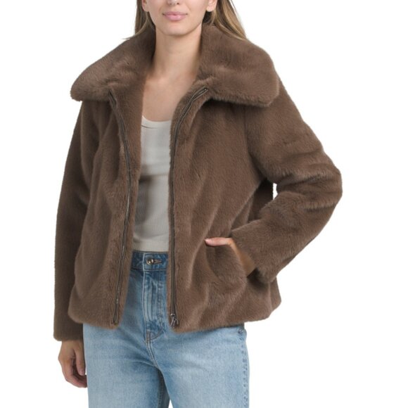 BERNARDO Brown Collared Faux Fur Coat